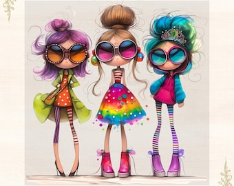 Cartoon Girls DTF Transfer: Colorful Pop Art Iron-On Shirt Design, DIY Gift