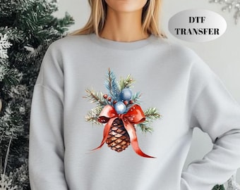 Christmas Pinecone Bow DTF Transfer, Holiday Botanical, Winter Pine Iron On, Ready to Press