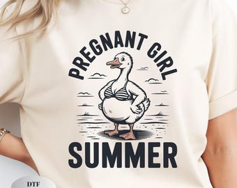 Transferencia para camisetas, prendas de vestir y proyectos de bricolaje con diseño de patito veraniego y niña embarazada.
