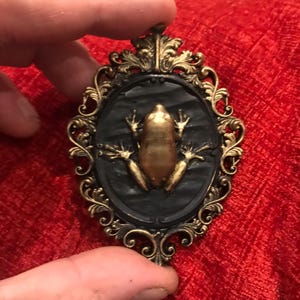 Może przedstawiać: Owalny wisiorek ze złotym wzorem żaby na czarnym tle. Żaba jest centralnym elementem, z misternymi detalami. Wisiorek jest oprawiony w ozdobną, antyczną, złotą obwódkę.