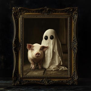Impresión artística de un lindo fantasma con un cerdo, estética gótica melancólica con vibraciones de dibujos animados de anime, arte de pared divertido y caprichoso, papel de bellas artes satinado de primera calidad