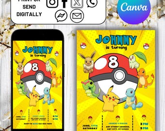 Pikachu Birthday Invitation, Awesome Pokemon Party Invite, Editable & Printable Pikachu Template, Easy to Edit in Canva