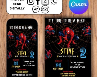 Editable Spiderman Mobile Invitation, Spiderman Birthday Party evite, Spider man Mobile Invite, Editable With Canva, Instant Download