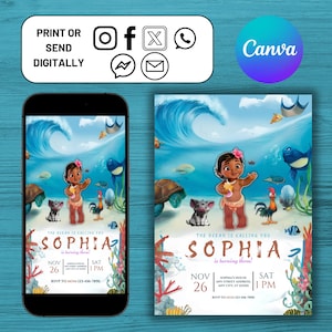 Baby Moana Birthday Invitation Girl Picture Thank You Card Photo Instant Download Mobile Phone Invite Editable Template Canva Digital