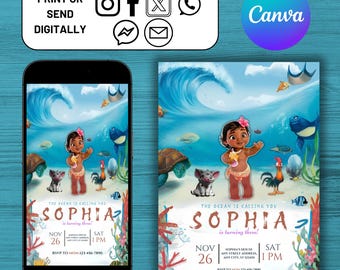 Baby Moana Birthday Invitation Girl Picture Thank You Card Photo Instant Download Mobile Phone Invite Editable Template Canva Digital
