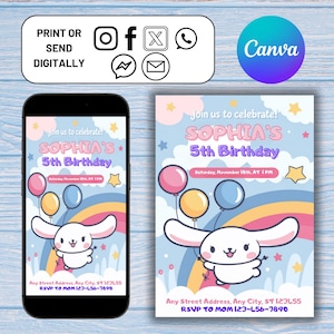 Kitty und Freunde Partyeinladung, digital bearbeitbare Kawaii-Katzeneinladungsvorlage, digital bearbeitbare Canva-Dateivorlage, sofortiger Download