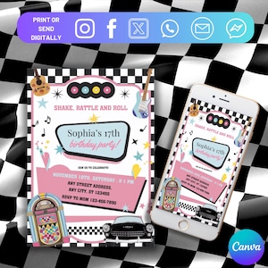 Retro Diner Birthday Invitation, 50&#39;S Birthday Invite, Instant Download, Retro Birthday Party, Fifties Birthday Invitation, Digital