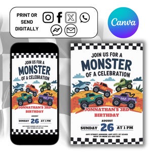 It&#39;s a Monster Bash, Monster Jam Theme Kids Birthday Invitation Digital 5x7 Invitation, Editable Monster Jam Birthday Party Invitation