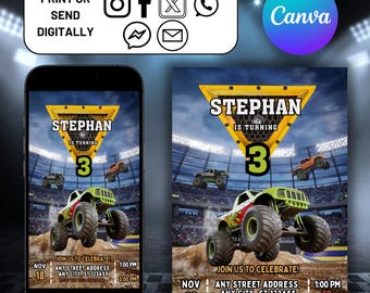 Editable Monster Truck Birthday Invitation Template For Boys, Kids Phone Invitation, Trucks Birthday Invite, Monster Jam Party