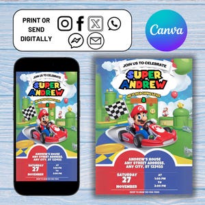 Mario Bros Birthday Invitation, Kids Super Mario Evite, Mario Digital Canva Template, Easy To Edit, Kids Birthday Invite, Digital Download