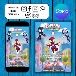Spidey Birthday Invitation, Spidey and his Amazing Friends Birthday Invitation, Spidey Theme Party Evite, Boy Girl Editable Canva Template