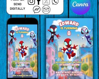 Spidey Birthday Invitation, Spidey and his Amazing Friends Birthday Invitation, Spidey Theme Party Evite, Boy Girl Editable Canva Template