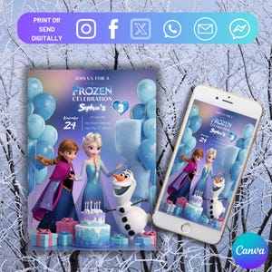 Frozen Birthday Invitation, Princess Elsa Anna Party Invitation, Girl Frozen Birthday Invite, Theme Editable Digital Instant Invitation