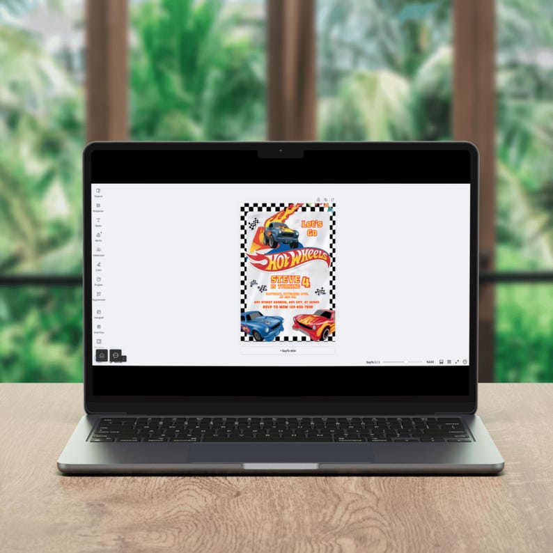 May include: A laptop displays a Hot Wheels-themed birthday party invitation. The design features a checkered flag border, a blue and orange race car, and the text "Let's Go Hot Wheels". The invitation includes the name "Steve" and party details.