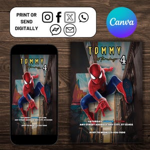 Invitation Spiderman, Evite d'anniversaire modifiable Spiderman, Invitation numérique Spiderman, téléchargement carte d'anniversaire pour enfants, modèle de toile modifiable