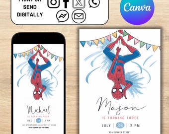 Spiderman-Geburtstagseinladung, Spiderman-Jungen-Partyeinladung, Kinder-Digital-Geburtstags-Einladung, digitaler Download, bearbeitbare Canva-Vorlage