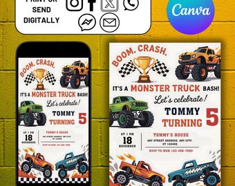 Editable Monster Truck Invitation, Monster Truck Birthday Party Invitation, Boy Monster Truck Invitation, Instant Download