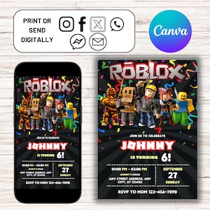 Roblox Invitation, Roblox Birthday Invitation, Roblox Game Party, Kids Roblox Invite, Printable Editable Template Canva Instant Download