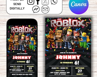 Roblox Invitation, Roblox Birthday Invitation, Roblox Game Party, Kids Roblox Invite, Printable Editable Template Canva Instant Download