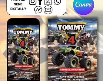 Monster Jam Theme Kids Birthday Invitation, Birthday Jam, Colorful Monster Truck Birthday Invite, Kids Party Editable Invite Template