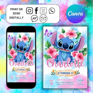 Modèle d'invitation d'anniversaire Stitch and Angel, modifiable et imprimable - Belle invitation pour l'anniversaire de votre tout-petit, modifiable sur Canva