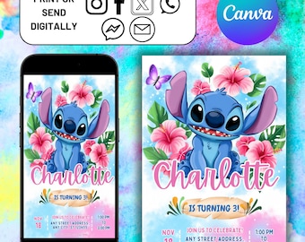 Stitch and Angel Geburtstagseinladung, bearbeitbare & druckbare Vorlage - Wunderschöne Einladung zum Geburtstag Ihres Kleinen, bearbeitbar in Canva