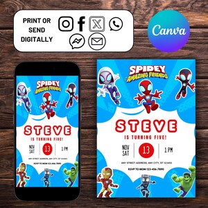 Spidey and His Amazing Friends Birthday Invitation, Spiderman Kids invitation, Customizable Spidey Invite, Editable Canva Template, Download