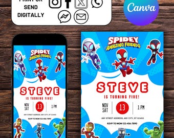 Spidey and His Amazing Friends Birthday Invitation, Spiderman Kids invitation, Customizable Spidey Invite, Editable Canva Template, Download