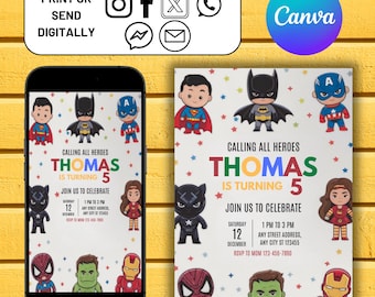 Editable Superheroes Birthday Invitation Template Printable Birthday Party Invitation Kids Party Invite Template Superhero Bday Card sh1