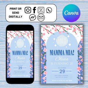 Bearbeitbare Mamma Mia-Geburtstagseinladung, tanzende Königin-Geburtstag einladen, griechische Party, Mamma Mia-Thema, digitale Einladungsvorlage