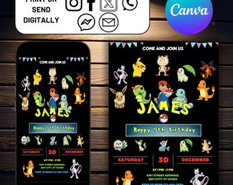 Pokemon Invitation, Editable Invitation, Kids Birthday Invite, Digital Download, Pokemon Party, Pikachu Card Birthday Boy Invitation