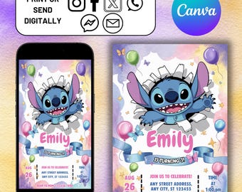 Stitch Editable Birthday Invitation Template, Printable Birthday Invitations, Digital Kids Party Invite, Digital Bday Card Invite, Stitch