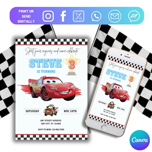 Editable Cars Birthday Invitation Template, Lightning MCQUEEN Invitation, Children&#39;s Party Invitation, Editable Invitation in Canva