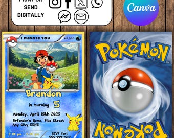 Pokemon Birthday Invitation, Editable Kids Evitate, Boys and Girls Birthday Invite, Digital Pikachu Birthday Invite, Party Canva Template