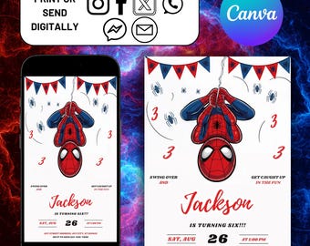 Spiderman Editable Birthday Invitation, Canva Template, Mobile Invitation, Kids Birthday Card, Spiderman Card, Spiderman Boys Party