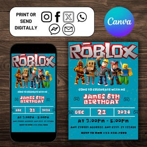 Roblox Birthday Invitation, Kids Roblox Invite, Boys and Girls Party, Roblox Birthday Evite Template, Gamers Party, Editable Template Canva