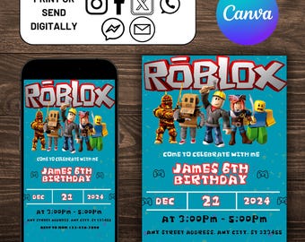 Roblox Geburtstagseinladung, Kinder Roblox einladen, Jungen- und Mädchenparty, Roblox-Geburtstags-Evite-Vorlage, Gamer-Party, bearbeitbare Vorlage Canva