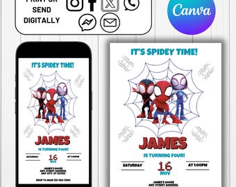 Editable Spidey Birthday Invitation, Canva Template Printable, Easy To Edit, Kids Party Invitations, Digital Kids Invite, Instant Download