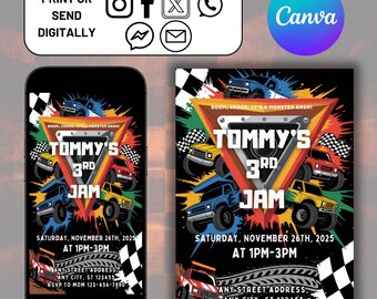 Editable Boy Birthday Invitation, Monster Truck Birthday Invite, Canva Edit, Boys Trucks Birthday, Trucks Birthday Invite, Instant Download