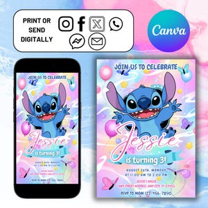 Stitch Birthday Party Invitation Template, Editable Cartoon Bday Evite & Fun Canva Design for Kids Party, Instant Download