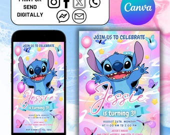 Stitch Birthday Party Invitation Template, Editable Cartoon Bday Evite & Fun Canva Design for Kids Party, Instant Download