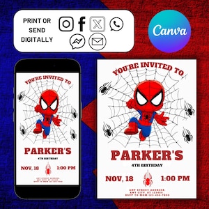 Spiderman Birthday Invitation, Digital Editable Superhero Invite, Printable Spiderman Party Template for Boys, Spiderman Instant Download