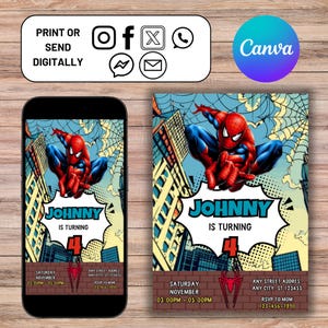 Faire-part Spiderman, fête d'anniversaire de garçons Spiderman, faire-part numérique pour enfants, carte d'anniversaire pour enfants Spiderman en téléchargement, modèle de toile éditable