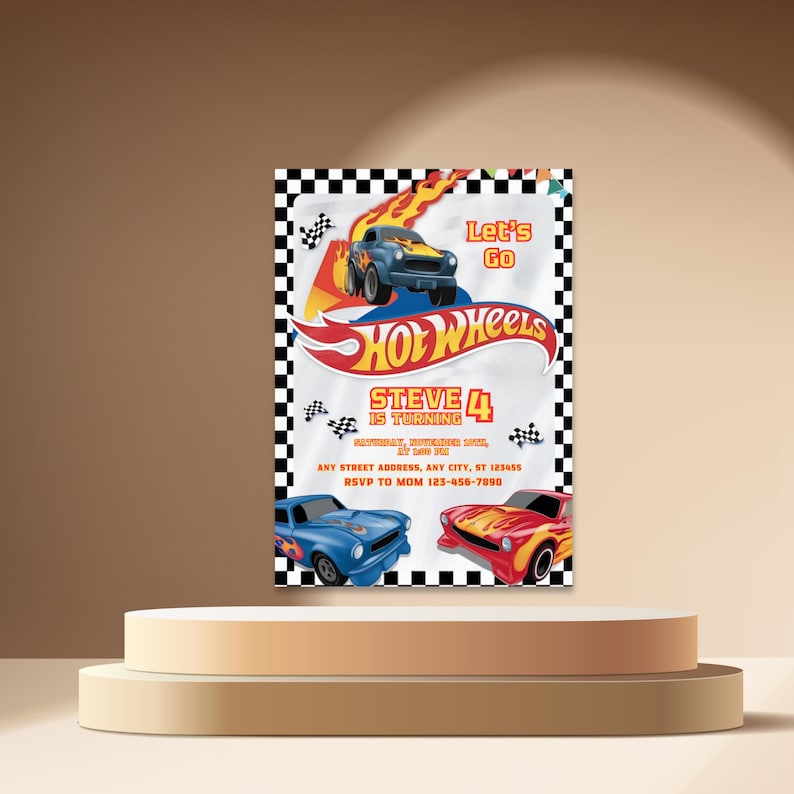 May include: A Hot Wheels-themed birthday party invitation. The invitation features a blue and yellow race car with flames, the text "Let's Go", and the Hot Wheels logo. The invitation reads "Steve 4 is turning".