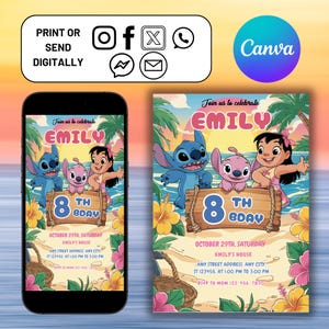 Faire-part d'anniversaire modifiable imprimable personnalisé, invitation d'anniversaire Lilo and Stitch, modèle d'invitation de fête Stitch, toile d'anniversaire fille Stitch