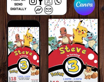 Pokemon Invitation, Editable Pokemon Invitation, Pokemon Kids Birthday Evite, Pikachu Party, Editable Template, Canva, Digital Download