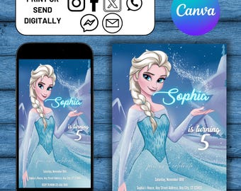 Frozen Invitation, Elsa Birthday Invitation, Winter Snow Birthday Printable, Frozen Invite Digital, Editable Instant Download Canva Template