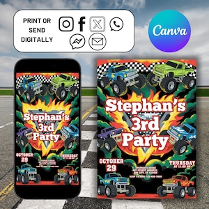 Monster Truck Birthday Invitation, Editable Canva Template, Boys 2nd Birthday Invite, Monster Jam Party, Watercolor Trucks Theme
