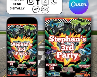 Monster Truck Birthday Invitation, Editable Canva Template, Boys 2nd Birthday Invite, Monster Jam Party, Watercolor Trucks Theme