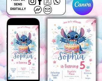 Editable Stitch Birthday Invitation Template, Printable Birthday Party Invitations, Digital Kids Party Invite Boys & Girls Bday Card Evite